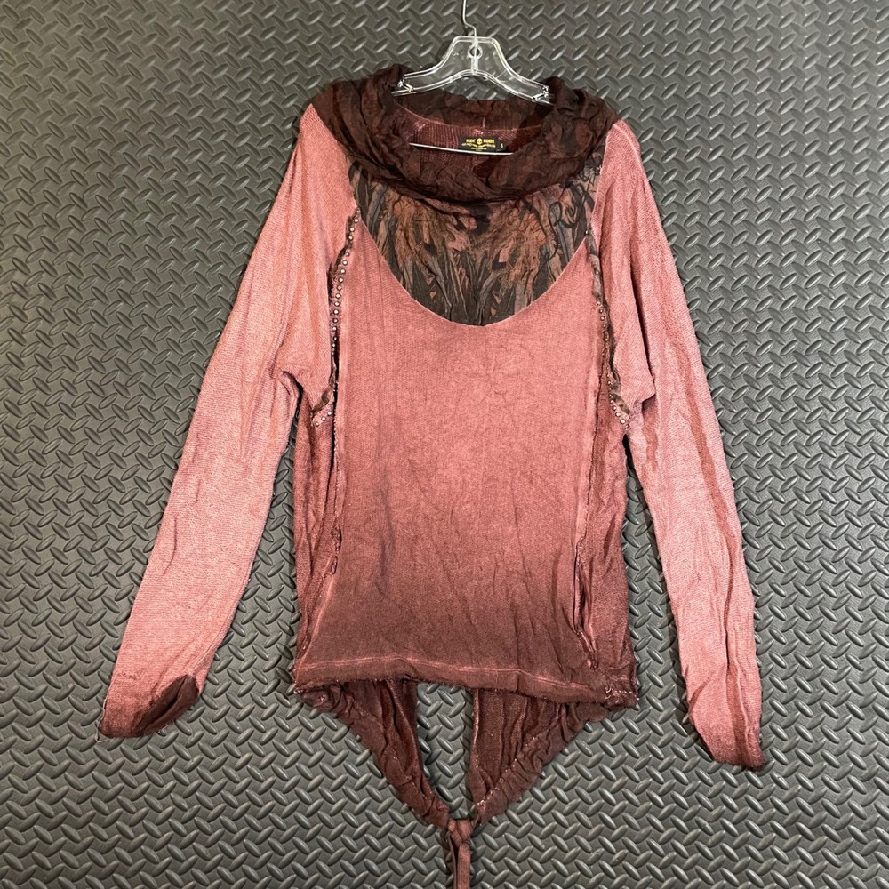 Rude Riders Cowl Neck Top Red Faded Embellished Long Sleeve Shirt Size S